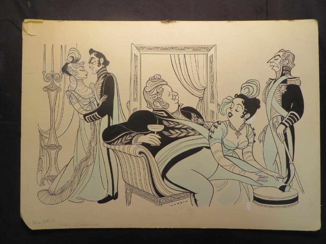 Slezak. First Gentleman. Tour. 1957: Original pen and ink drawing by Sam Norkin. Signed Norkin and dated March 24, 1957. 26" x 18"