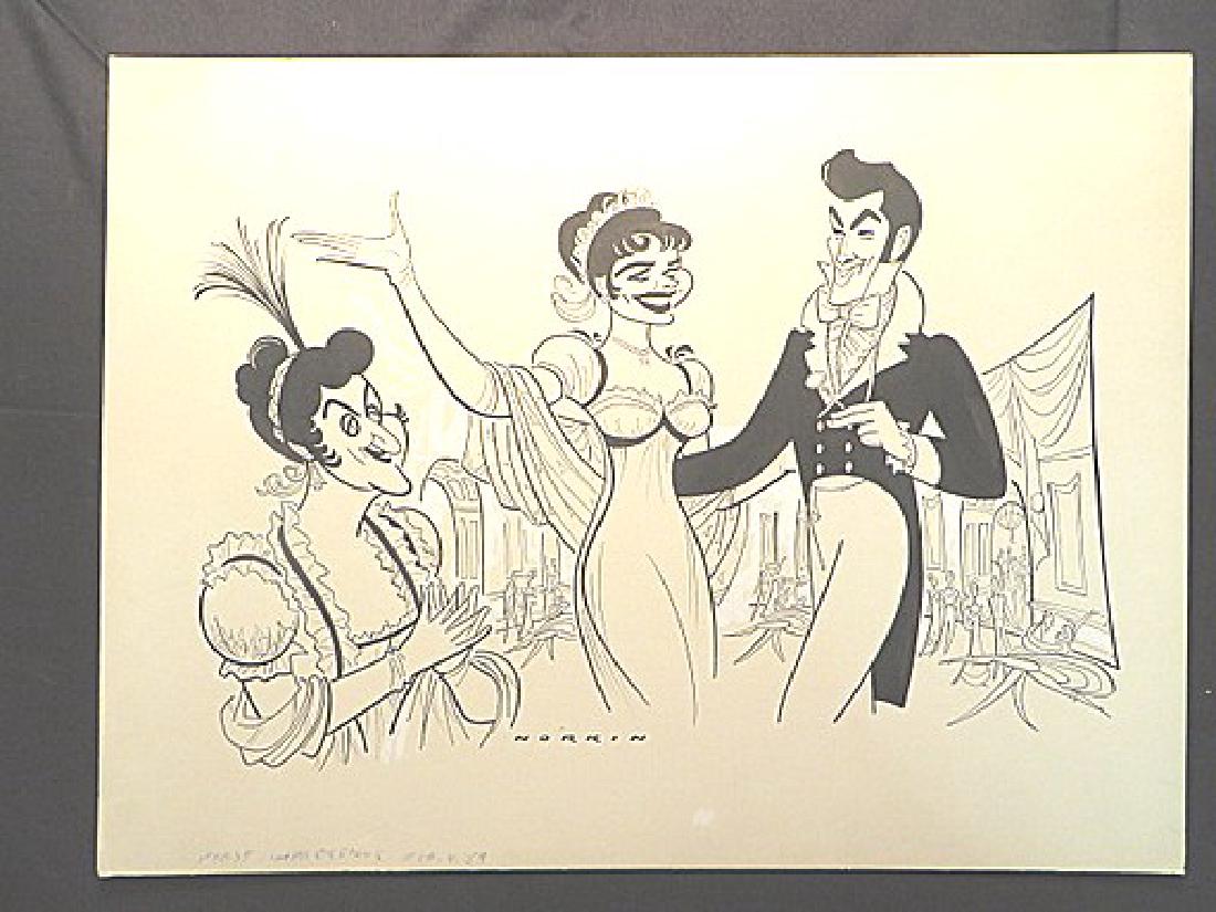 Bergen, Polly. First Impressions. Tour. 1959: Original pen and ink drawing by Sam Norkin. Signed Norkin and dated.