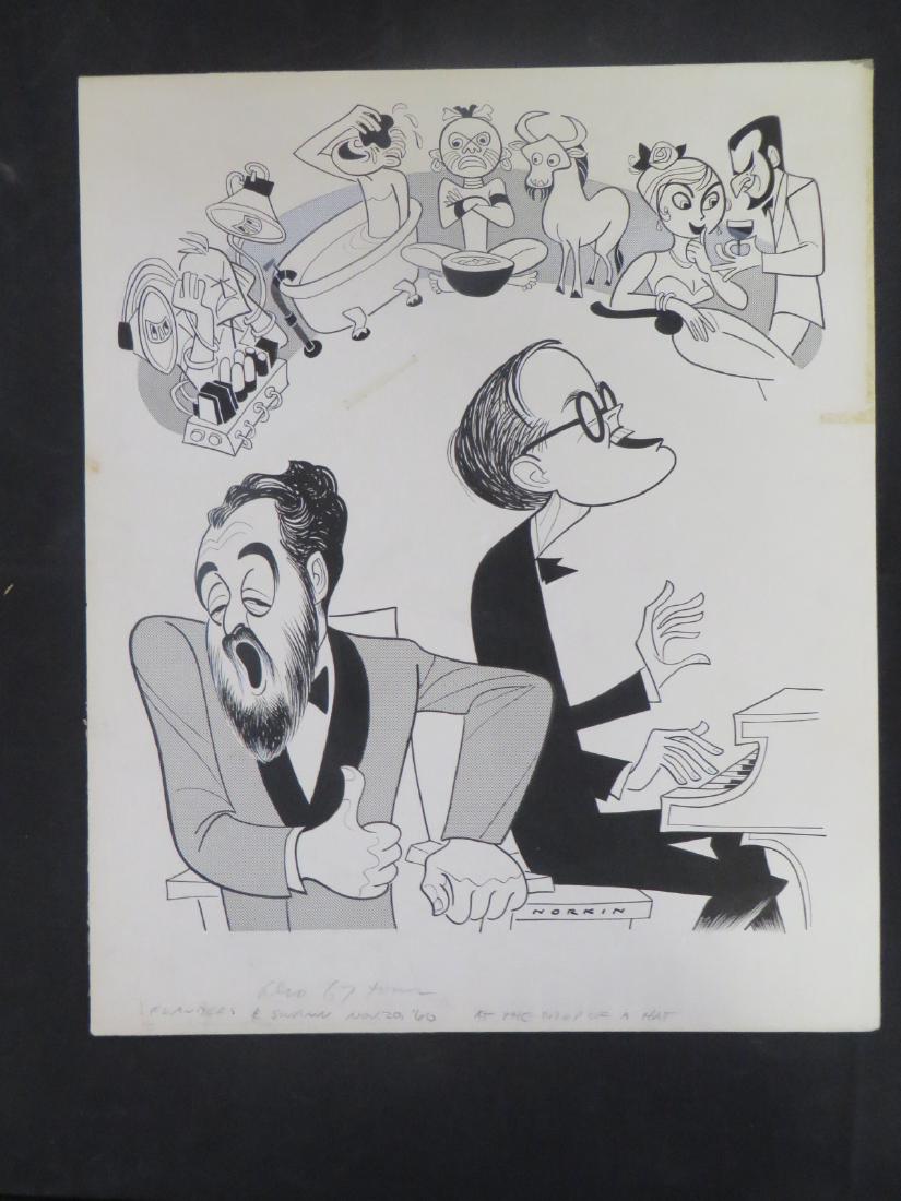 Flanders and Swann. Tour. 1960: At the drop of a hat. Original pen and ink drawing by Sam Norkin. Signed Norkin and dated. 20" x 16-1/2"