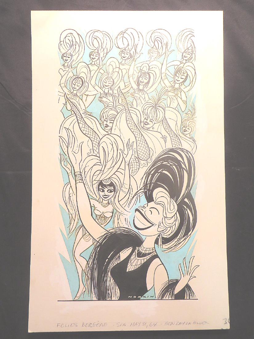 Montevecchi. Folies Bergere. 1964: Original pen and ink drawing by Sam Norkin. Signed Norkin and dated 5/31/64. 24" x 14-1/2"