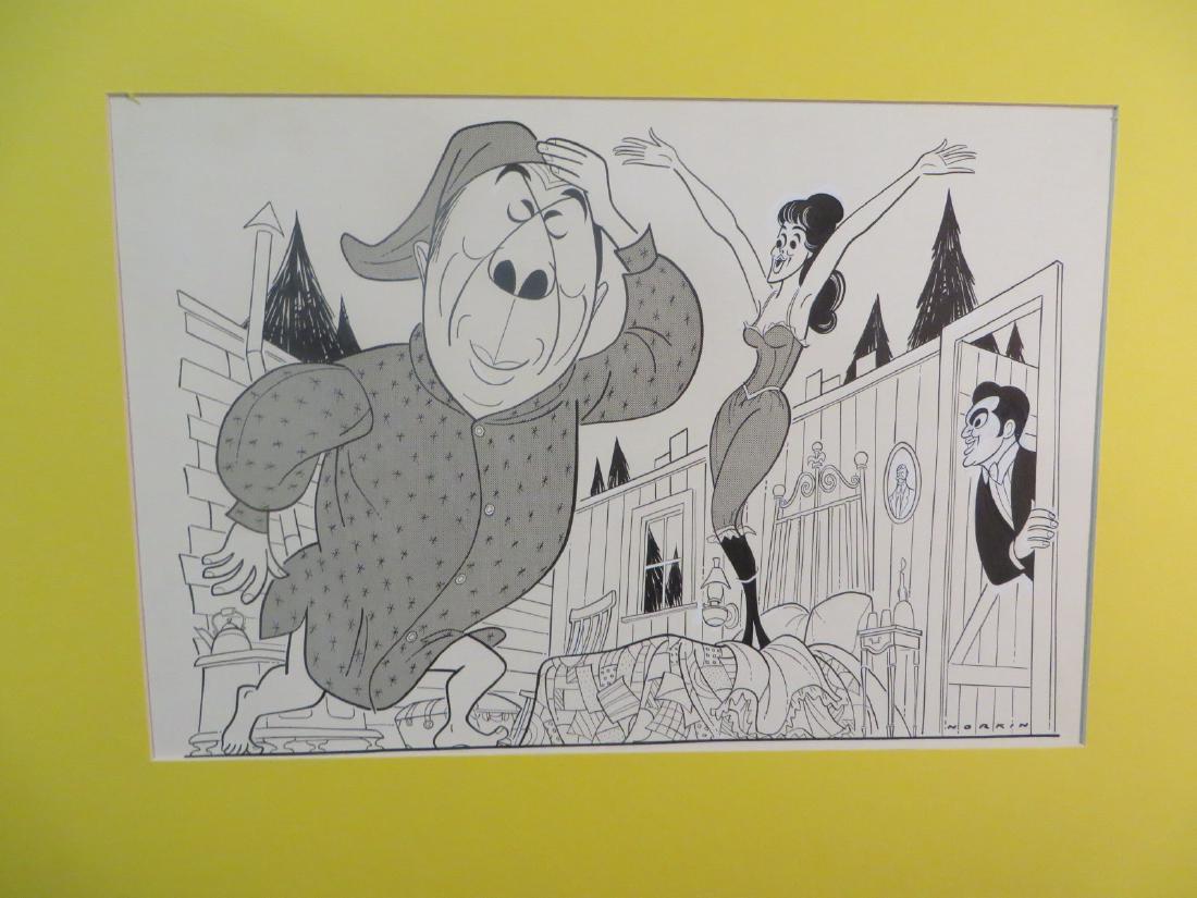 Lahr, Bert. Foxy. 1964: Original pen and ink drawing by Sam Norkin. Foxy, Bert Lahr Julienne Marie; and Larry Blyden. Jam. 5, 1964 Signed Norkin 16" x 21"