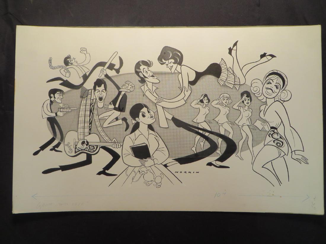 Grease. Tour. 1972: Original pen and ink drawing by Sam Norkin. Signed Norkin. 17" x 27"