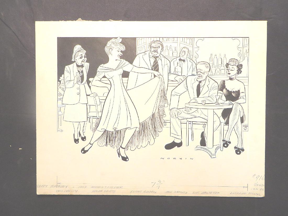 Hayes, Helen. Happy Birthday. 1947: Original pen and ink drawing by Sam Norkin. Signed Norkin. 14" X 18.5"