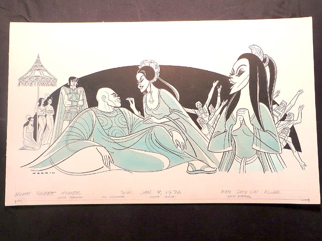 Brynner, Yul. Home Sweet Homer. 1976: Original pen and ink drawing by Sam Norkin. Signed Norkin and dated Sunday, Jan. 4, 1976. 17" x 27"