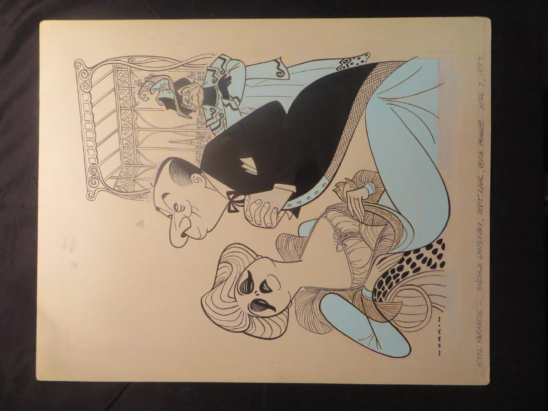 Lansbury, Angela; Lahr, Bert. Hotel Paradiso. 1957: Original pen and ink drawing by Sam Norkin. Signed Norkin and dated April 7, 1957. 22-3/4" x 18"