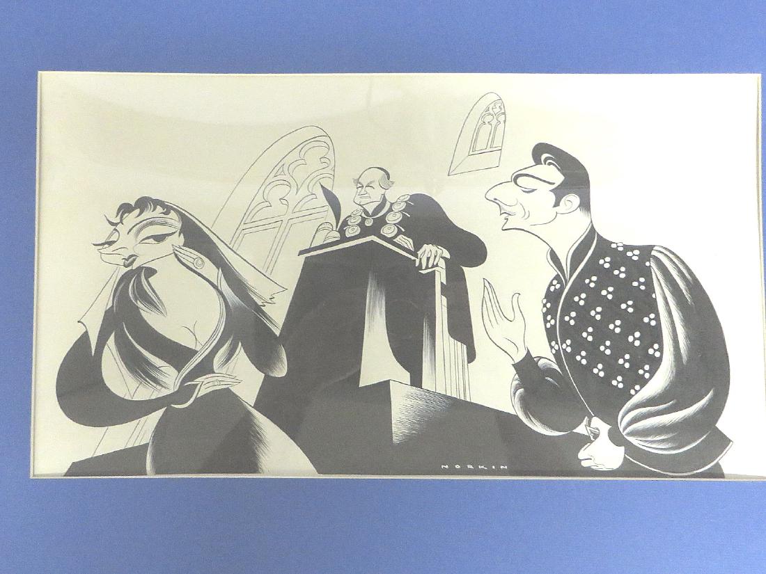 Gielgud. The Lady's Not for Burning. 1950: Original pen and ink drawing by Sam Norkin. Signed Norkin. 12" x 19-3/4"