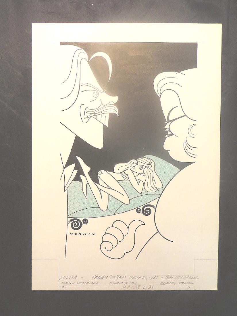 Sutherland, Donald. Lolita. 1981: Original pen and ink drawing by Sam Norkin. Signed Norkin and dated. 20" x 16"