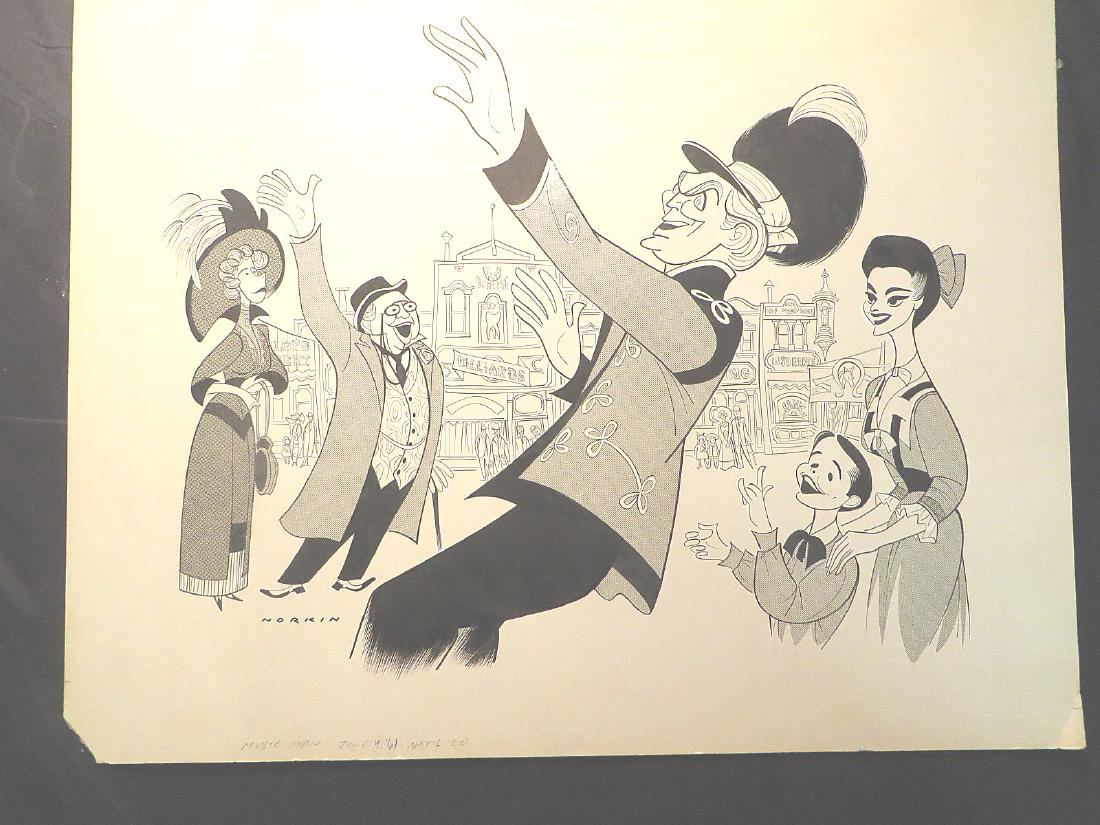 Tucker, Forrest. The Music Man. Tour. 1961: Original pen and ink drawing by Sam Norkin. Signed Norkin and dated June 4, 1961.