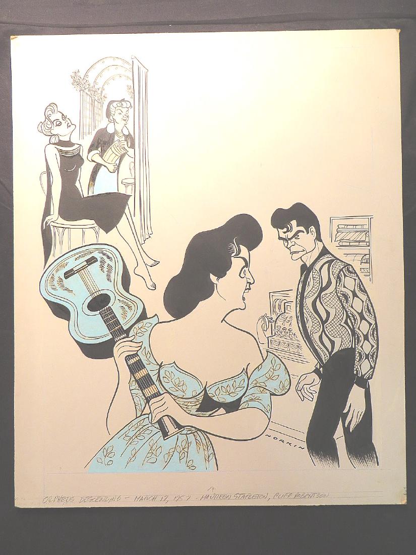 Stapleton; Robertson. Orpheus Decending. 1957: Original pen and ink drawing by Sam Norkin. Signed Norkin and dated March 17, 1957. 20" x 18"