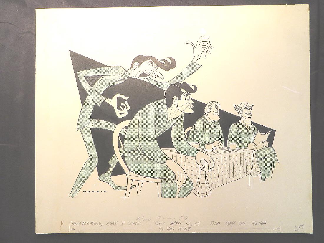 Philadelphia, Here I Come. Original cast. 1966: Original pen and ink drawing by Sam Norkin. Signed Norkin and dated 04/10/66. 18" x 21"
