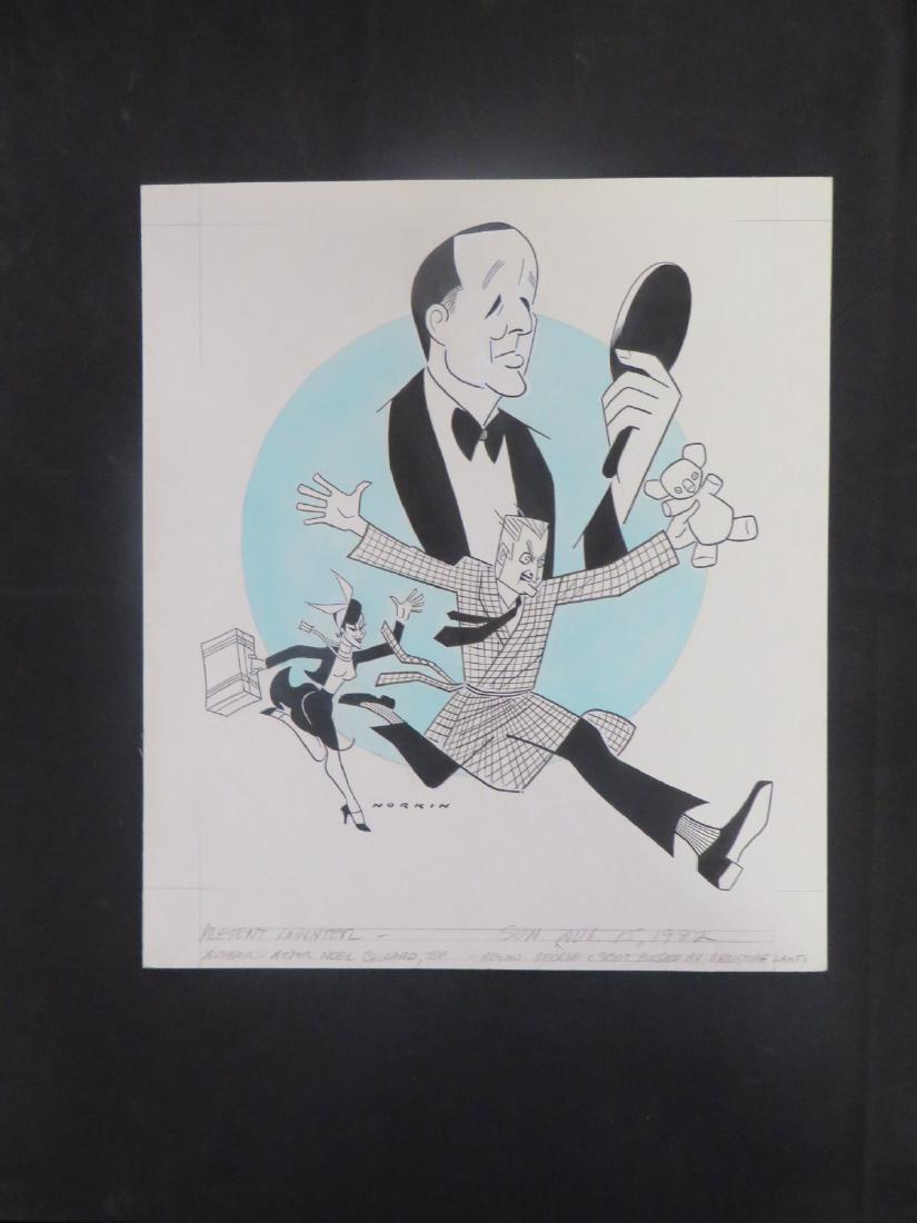 Scott, Coward. Present Laughter. 1982: Original pen and ink drawing by Sam Norkin. Signed Norkin and dated Aug. 15, 1982. 16-1/2" x 15"