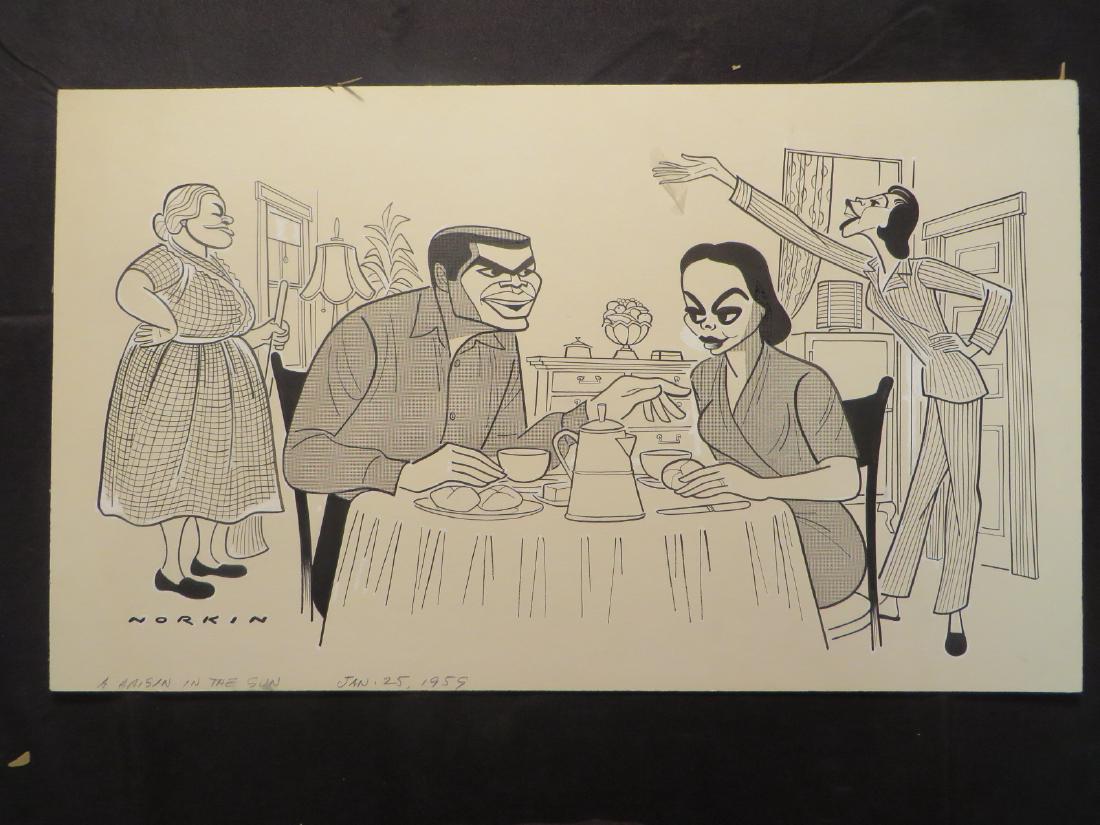 Portier; McNeil. Raisin in the Sun. Tour. 1959: Original pen and ink drawing by Sam Norkin. Signed Norkin and dated Jan. 25, 1959. 12-1/2" x 20-1/2"