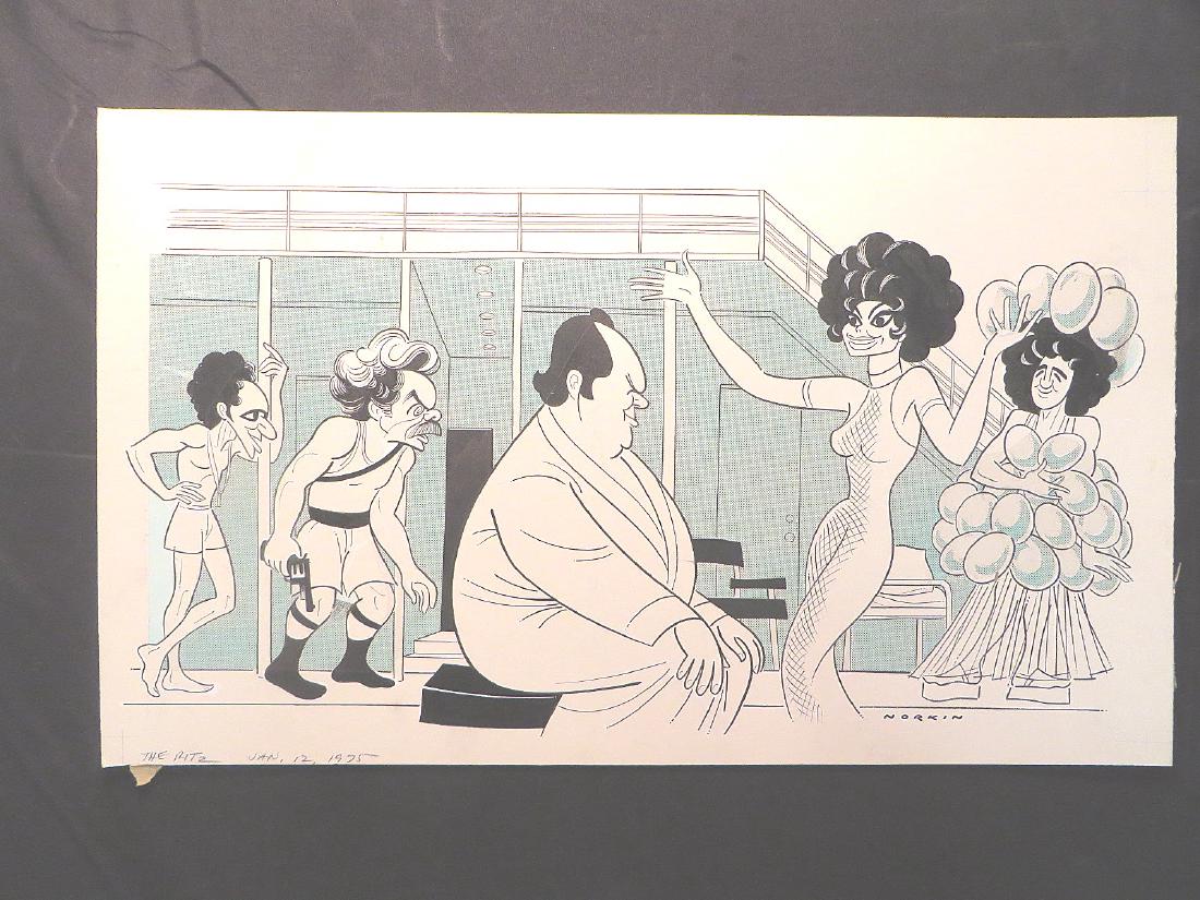 Stiller, Abraham, Weston, Moreno. The Ritz. 1975: Original pen and ink drawing by Sam Norkin. Signed Norkin and dated Jan. 12, 1975. 15" x 24-1/2"