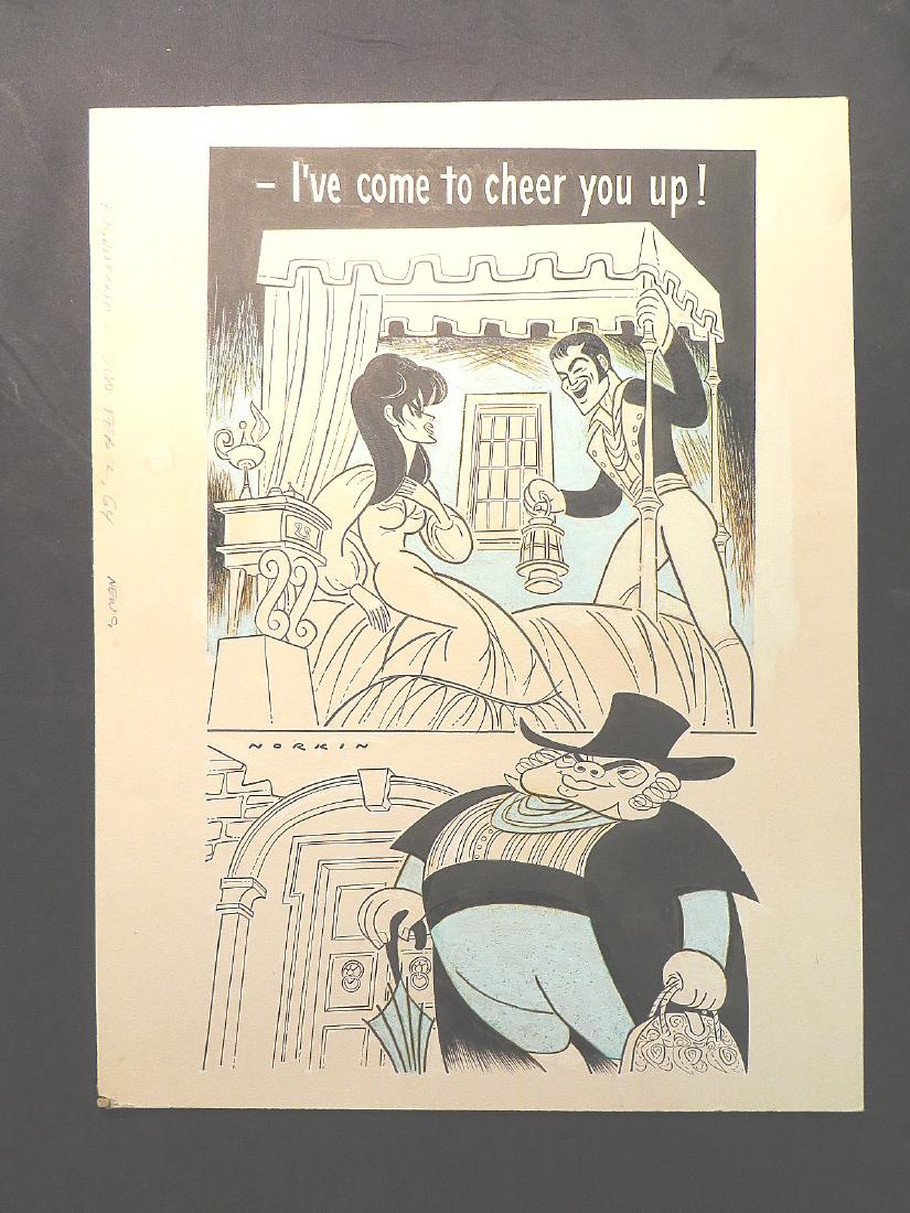 Rugantino. 1964: I've come to cheer you up! Original pen and ink drawing by Sam Norkin. Signed Norkin and dated Feb. 2, 1964. 22" x 15"