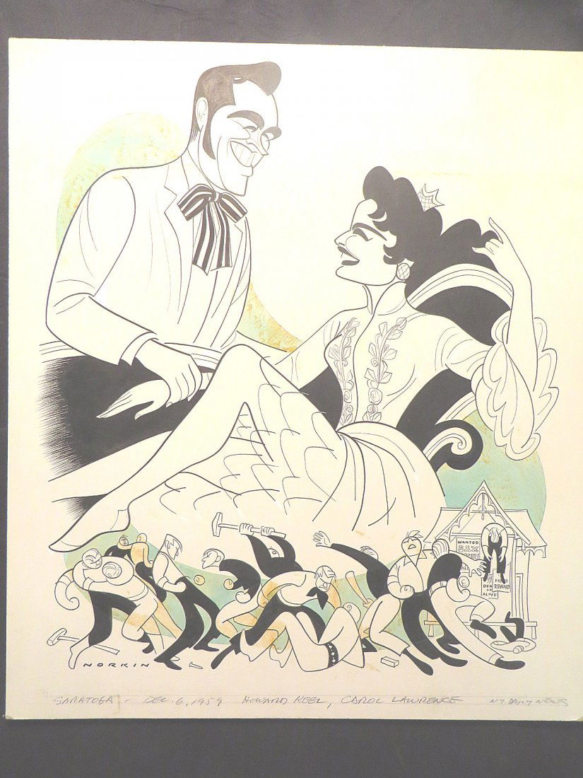 Keel, Howard; Lawrence, Carol. Saratoga. 1959: Original pen and ink drawing by Sam Norkin. Signed Norkin and dated. 20" x 17-1/2"