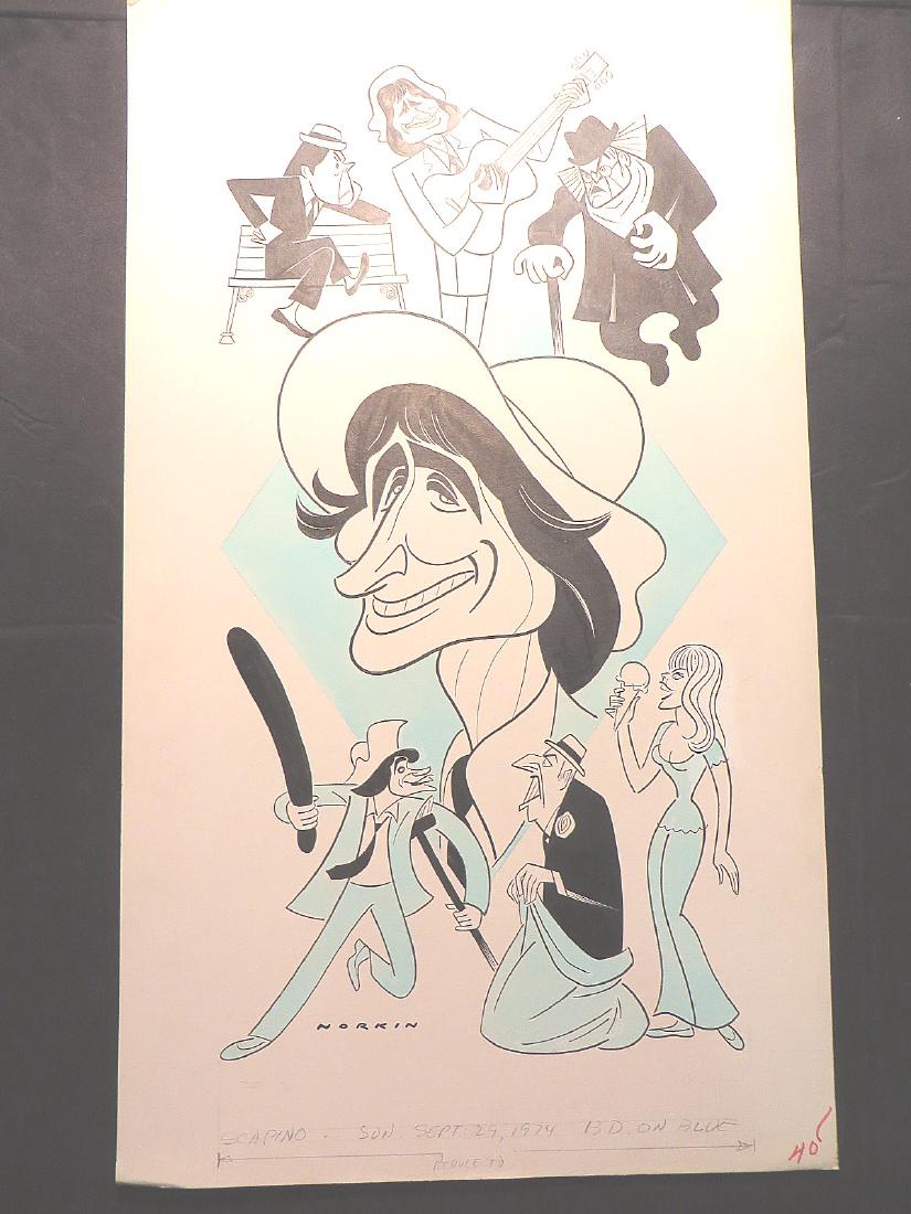 Dale, Jim. Scapino. 1974: Original pen and ink drawing by Sam Norkin. Signed Norkin and dated Sept. 29, 1974. 26" x 15"