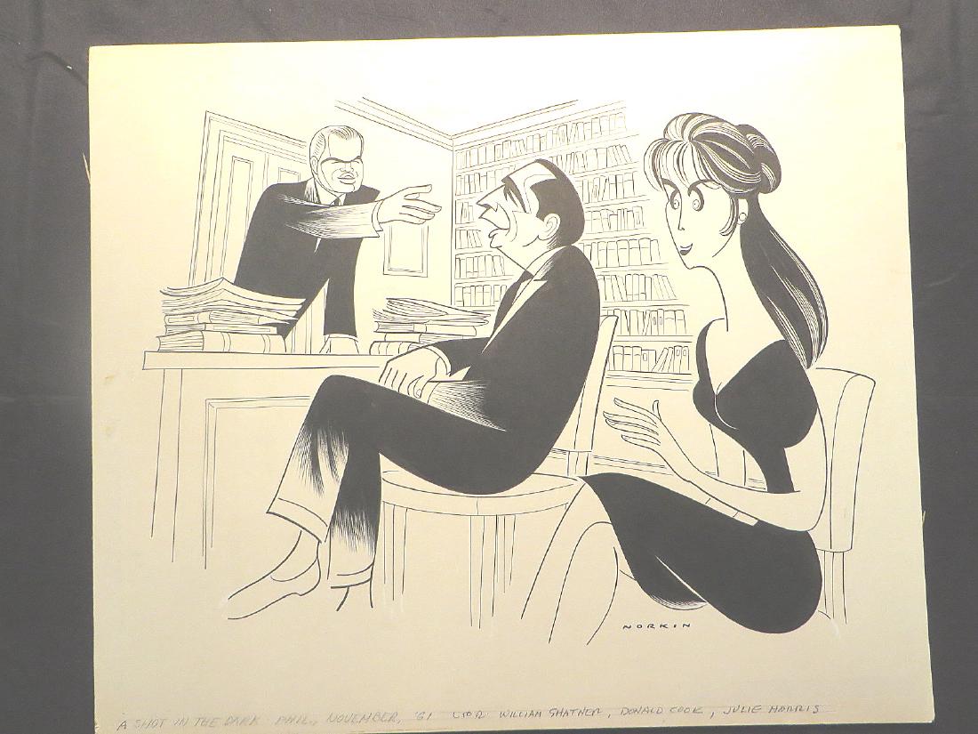 Shatner, William. Shot in the Dark. 1961: Philidelphia. Original pen and ink drawing by Sam Norkin. Signed Norkin and dated November 1961. 19-1/2" x 22"