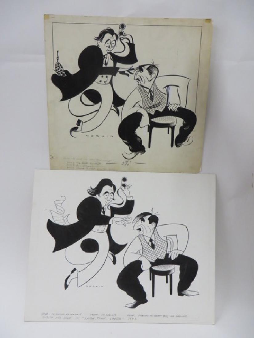 Smith & Dale.Laugh Town Laugh '43: Dr. Kronkheit and Mr. Dubious."Pleased to meet you Mr. Dubious"Original pen and ink drawing by Sam Norkin. Signed Norkin and dated 1943. s second is included in the lot. 16" x 20" and 16" x 16"