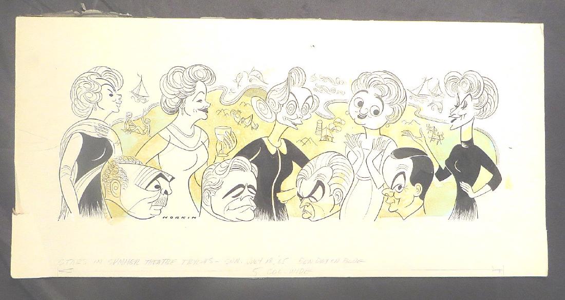 Rains, Evans, Picon. Stars in Summer Theatre. 1965: Stars in Summer Theatre Try-Outs. Original pen and ink drawing by Sam Norkin. Signed Norkin and dated. 14 1/2" x 29 1/2"