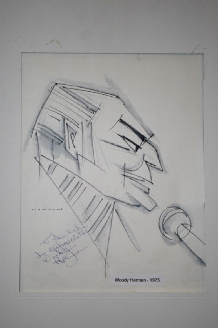 Sam Norkin Pen and Ink. Woody Herman. Signed: Done on the S. S. Rotterdam. Signed Norkin. Autograph in ink. " To Sam Norkin. In Appreciation, Woody Herman". Matted. 13" x 11"