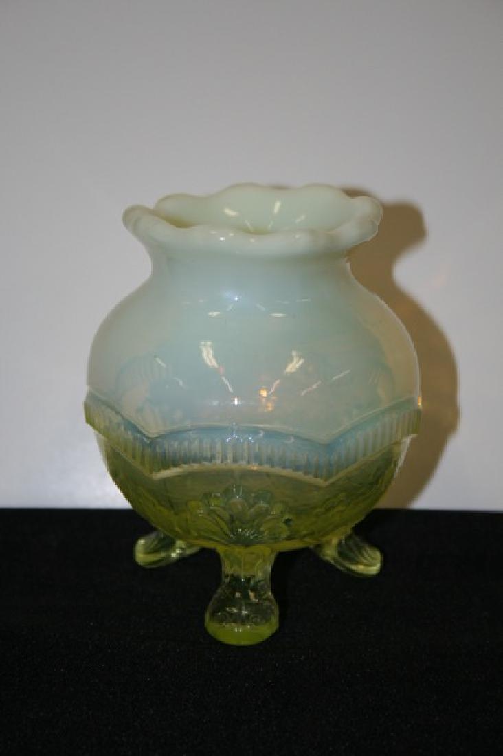 Tri-Footed Opalescent Vaseline Glass Vase.: 4 1/4"H.
