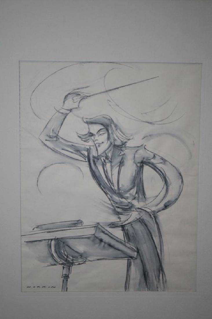 Sam Norkin. Pen and Ink. Lady Conductor in Russia: USSR. Kiev. Lady Conductor of visiting Byelo-Russian Opera. Signed Norkin. Matted. 13" x 10"