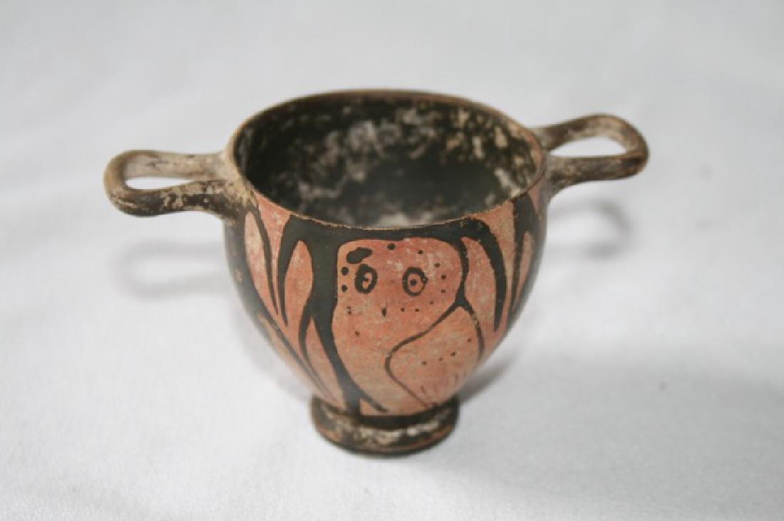 Etruscan Double Handled Owl Pot: Decorations of owl perhaps representing Athena. 2 1.2"H. x 4"W