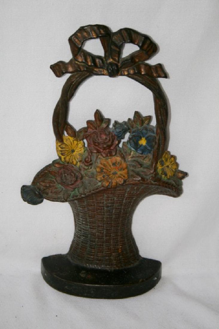 Antique Cast Iron Doorstop. Basket of Flowers: 11"H. x 7"W