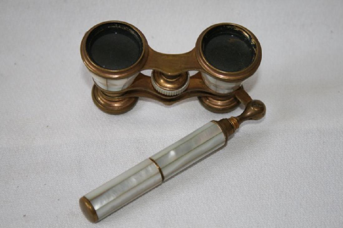 French Mother of Pearl and Brass Opera Glasses: With handle. Marked Indiscernibly