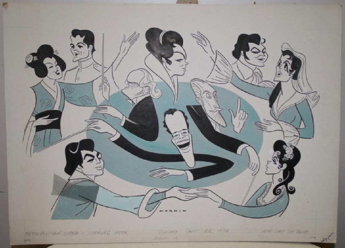 Sam Norkin. Pen and Ink Illustration: Original pen and ink illustration. Metropolitan Opera. Sunday, Sept. 22, 1974. Signed Norkin. 19-1/2" h x 26 1/4" w