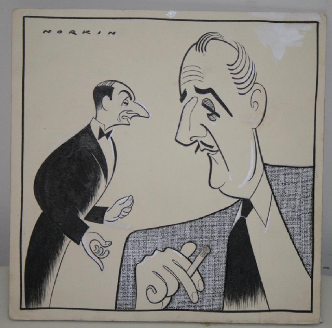 Sam Norkin. Pen and Ink Illustration: Original pen and ink illustration. The Play's The Think. Lewis Kalhern. Signed Norkin. 8-3/4" high x 8-1/2" wide