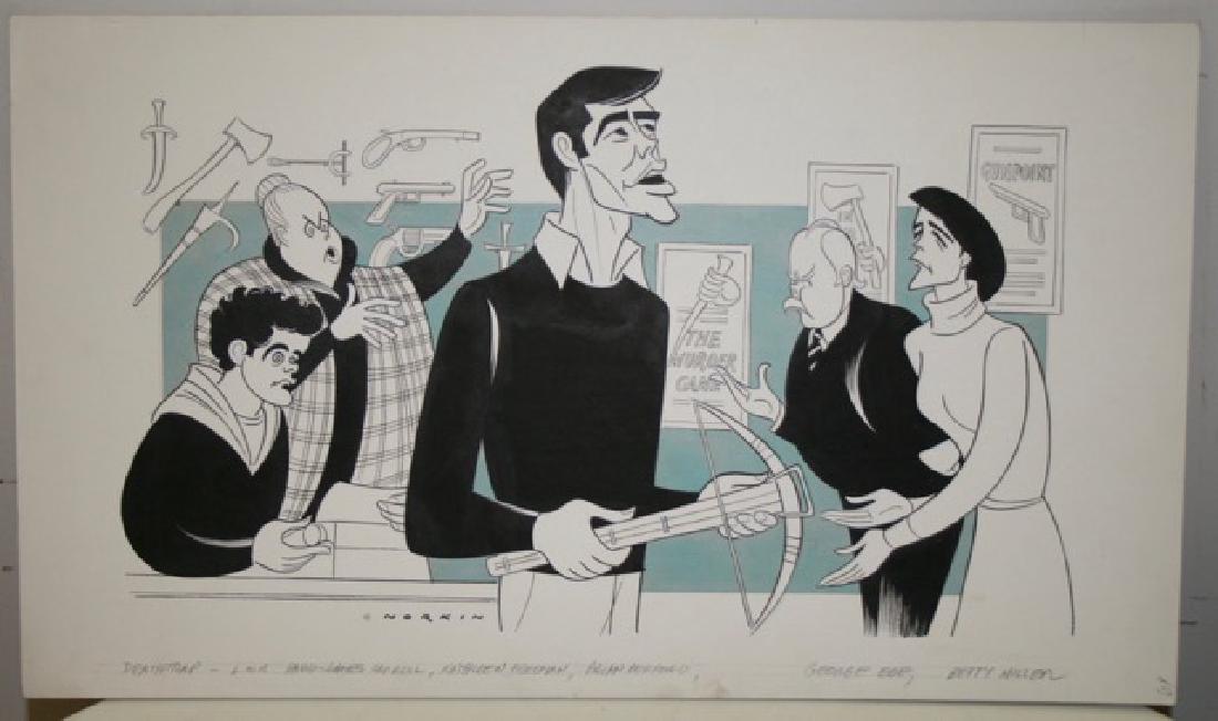 Sam Norkin. Pen and Ink Illustration: Original pen and ink illustration. Death Trap. Kathleen Freeman, Brian Bedford, Betty Miller. Signed Norkin. 13-1/2" high x 22-3/4" wide