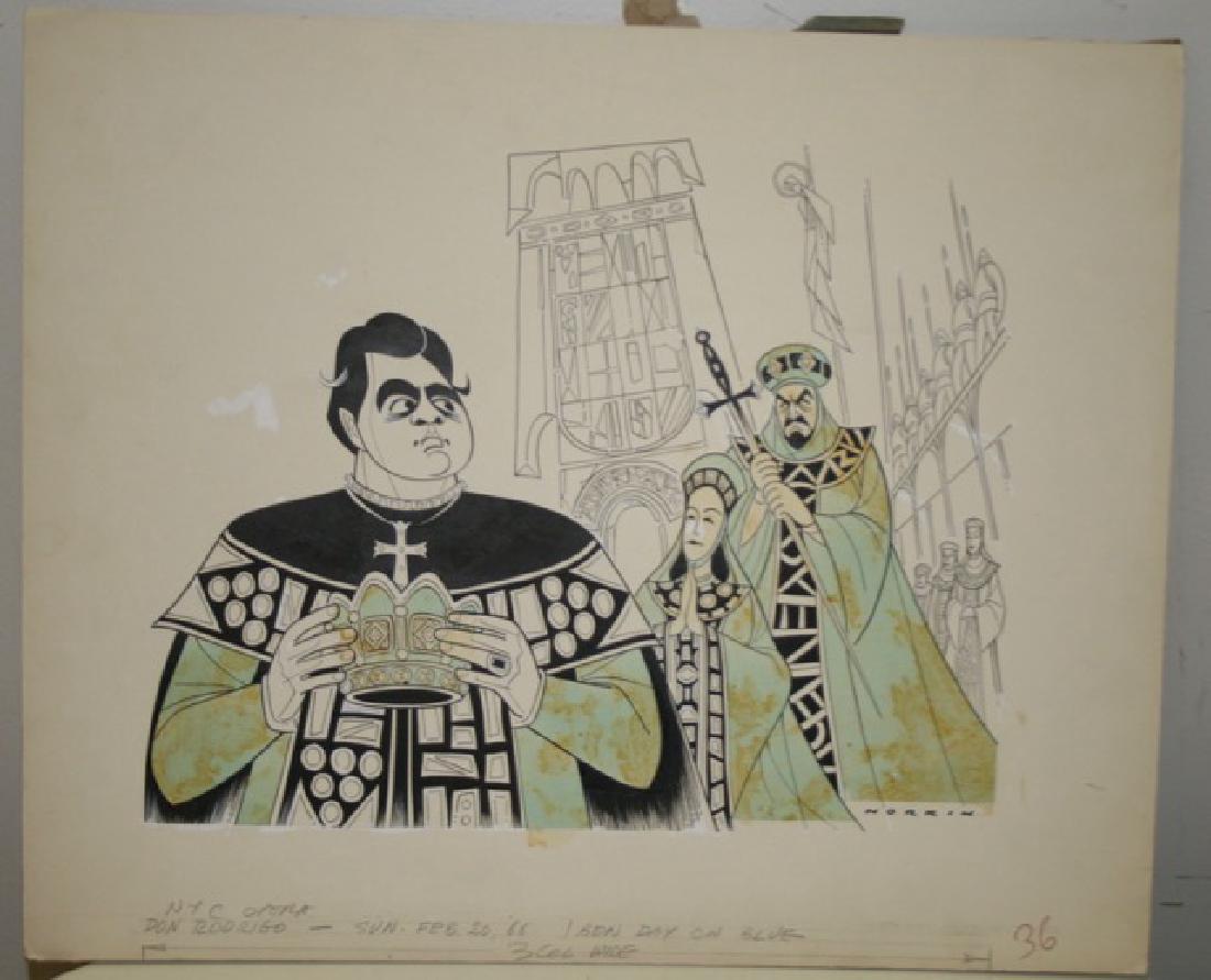 Sam Norkin. Pen and Ink Illustration: Original pen and ink illustration. NYC Opera. Don Rodrigo. Feb 20, 1966. Signed Norkin. 18" high x 21-3/4" wide