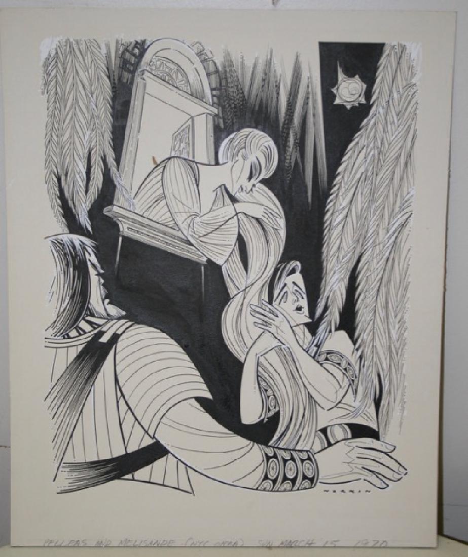 Sam Norkin. Pen and Ink Illustration: Original pen and ink illustration. Pelleas and Melisande (NYC Opera) March 15, 1970. Signed Norkin. 21-1/2" high x 17-1/4" wide
