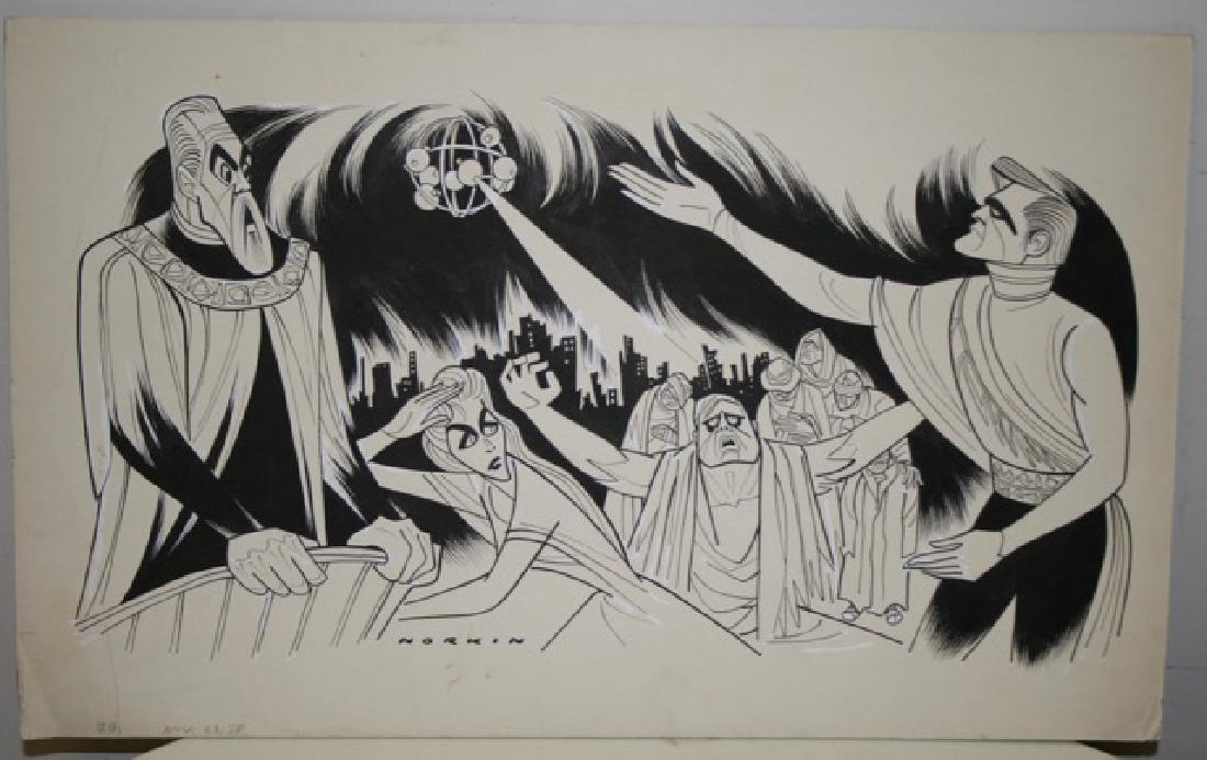 Sam Norkin. Pen and Ink Illustration: Original pen and ink illustration. J.B. November 23, 1958. Signed Norkin. 15" high x 24-1/4" wide