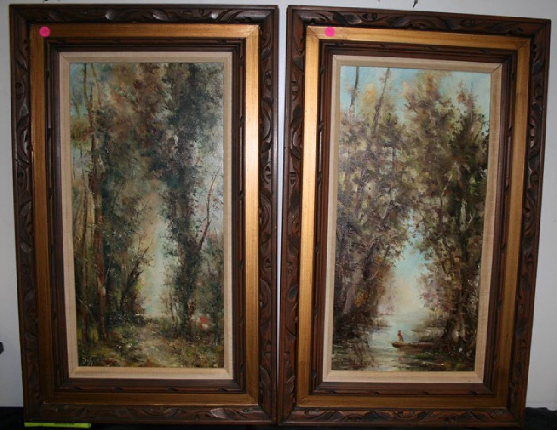 Pr. Oil on Canvas Signed Dufy: John Dufy. With information about artist on reverse. Yonkers, NY. In carved wood frames. 24" high x 12" wide