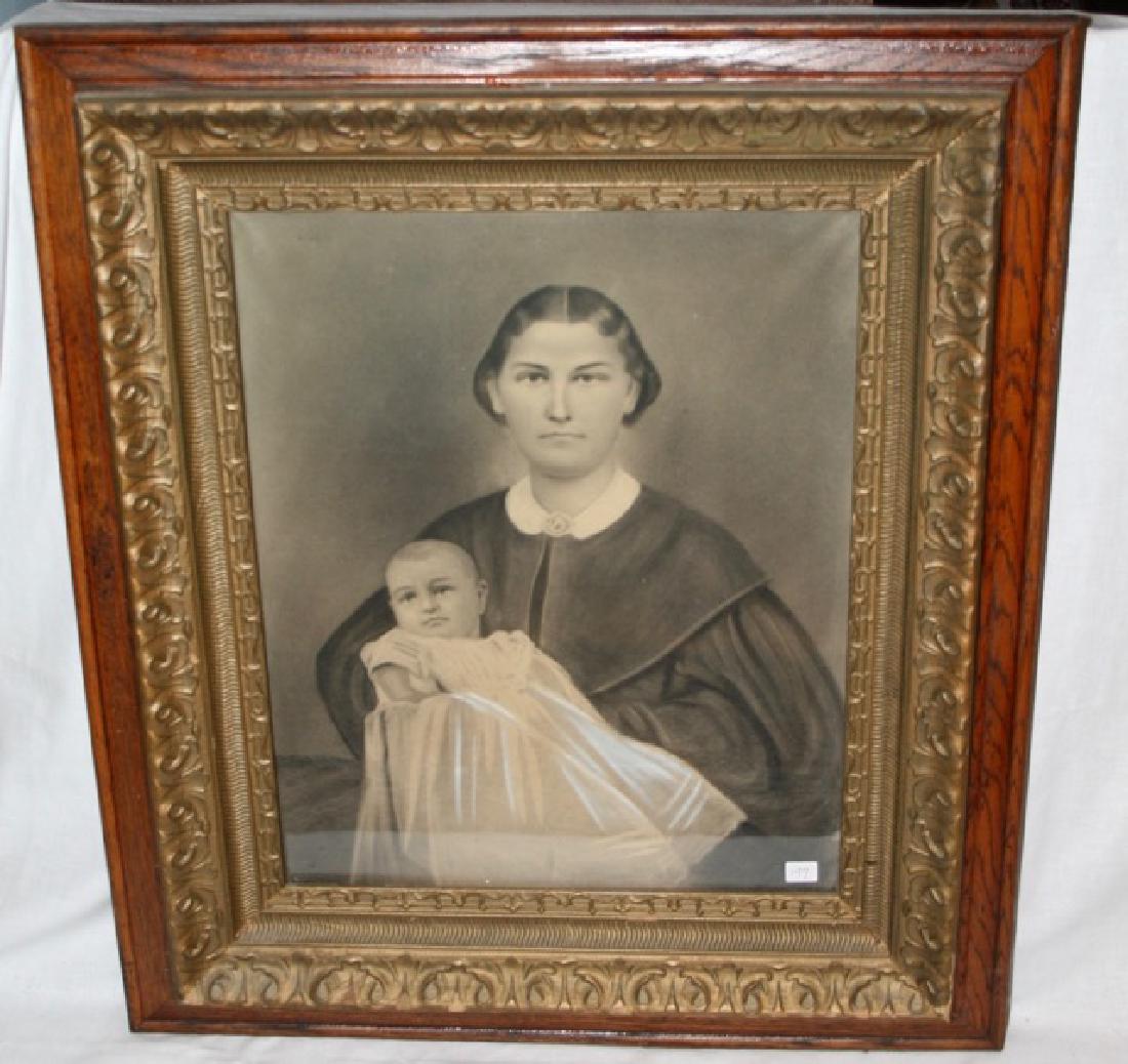 Charcoal on Paper, Mother and Child: Gilt and oak frame. 20"(H) x 16"(W)