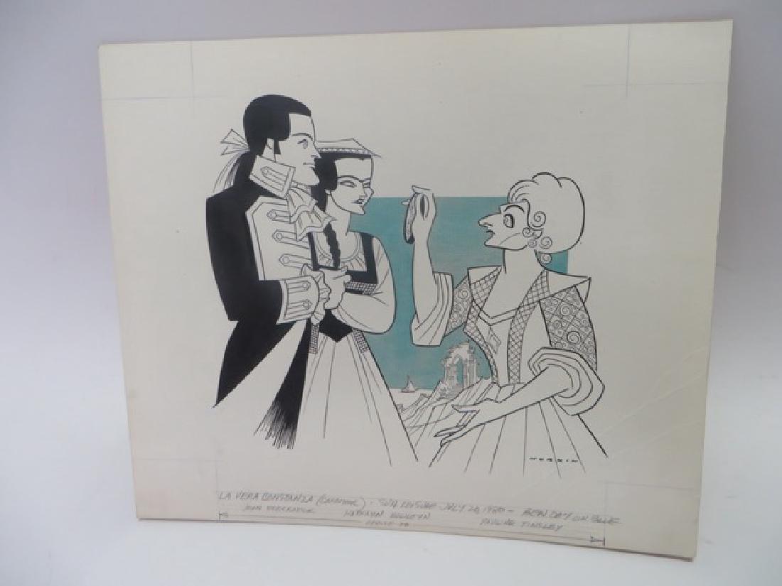 Sam Norkin. Pen and Ink Illustration: Original pen and ink illustration. La Vera Costanza. John Precknock, Kathryn Bouleyn, Pauline Tinsley. Signed Norkin. 15.5"H x 18" W