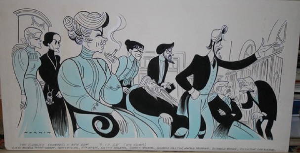 Sam Norkin. Pen and Ink Illustration Sgd.: Signed Norkin. The Cherry Orchard. APA Rep., 3-17-68 (New York News). Pamela Payton-Wright, Betty Miller, Uta Hagen, Nancy Walker, Sidney Walker, Richard Easton, Donald Moffat, Richard Woods, Clayton