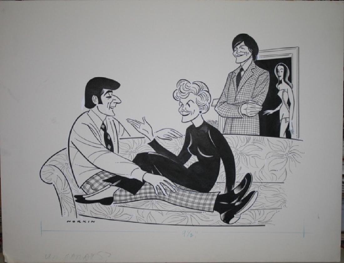 Sam Norkin. Pen and Ink Illustration Sgd.: Signed Norkin. 40 Carat. Bus - Truck. (Bunny Simon) 16" x 21"