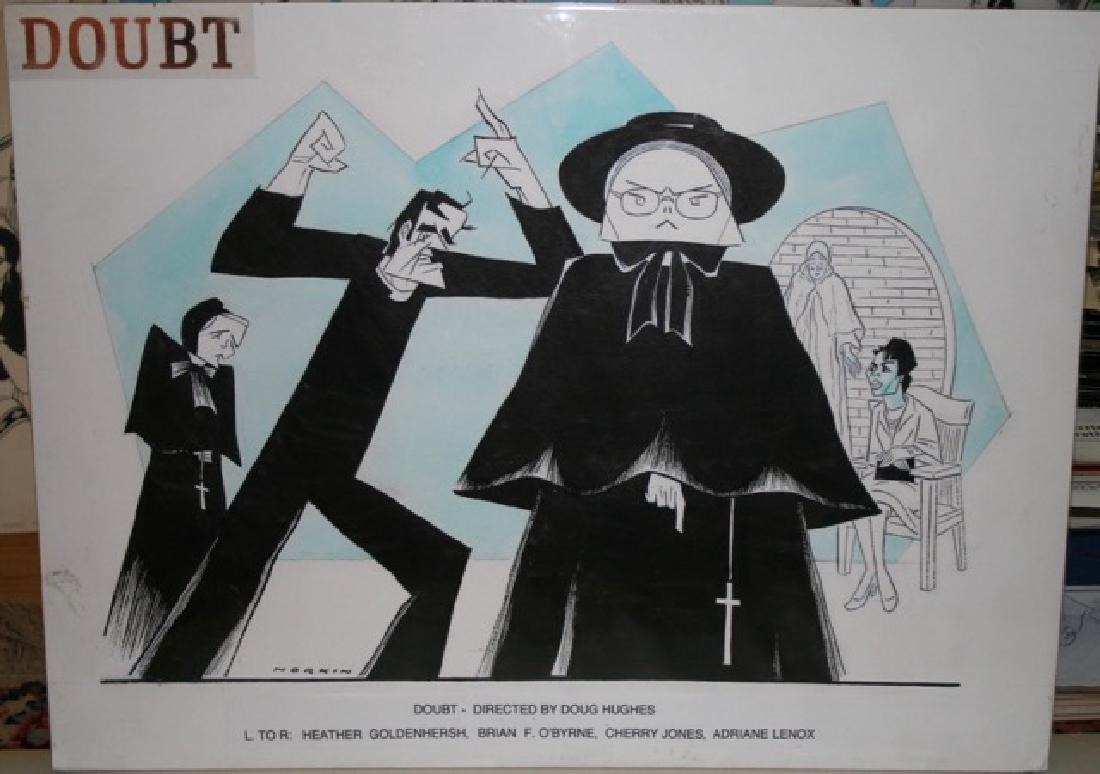 Sam Norkin. Pen and Ink Illustration Sgd.: Signed Norkin. Doubt - Directed by Doug Hughes. L to R: Heather Goldenhersh, Brian F. O'Byrne, Cherry Jones, Adriane Lenox. 15" x 20"