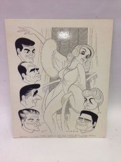 Sam Norkin Pen and Ink Illustration Sgd: Harlow, Carrol,l Baker, Connors, Balsam, Lawford, Buttons, Lansbury, Vallone. July 25, 1965. Signed L. R. Norkin. 21" x 17-1/2"