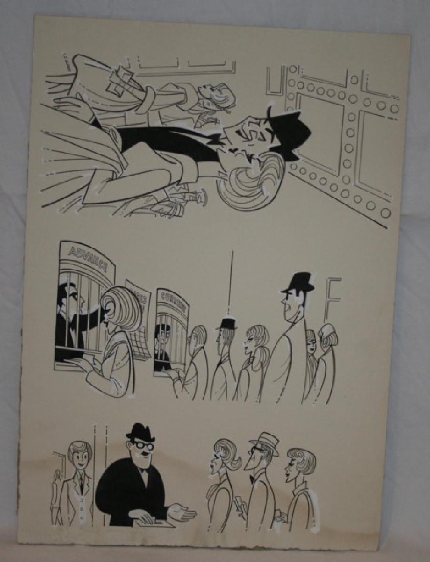 Sam Norkin Pen and Ink Illustration: Three theatre scenes on illustration board. Unsigned. 15" x 10-1/2"