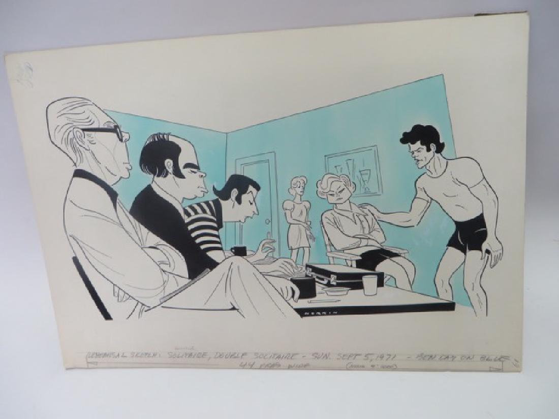 Sam Norkin. Pen and Ink Illustration: Original pen and ink illustration. Rehearsal Sketch for Solitaire/Double Solitaire. Sunday 09/05/1971. 17.25"H x 25"W