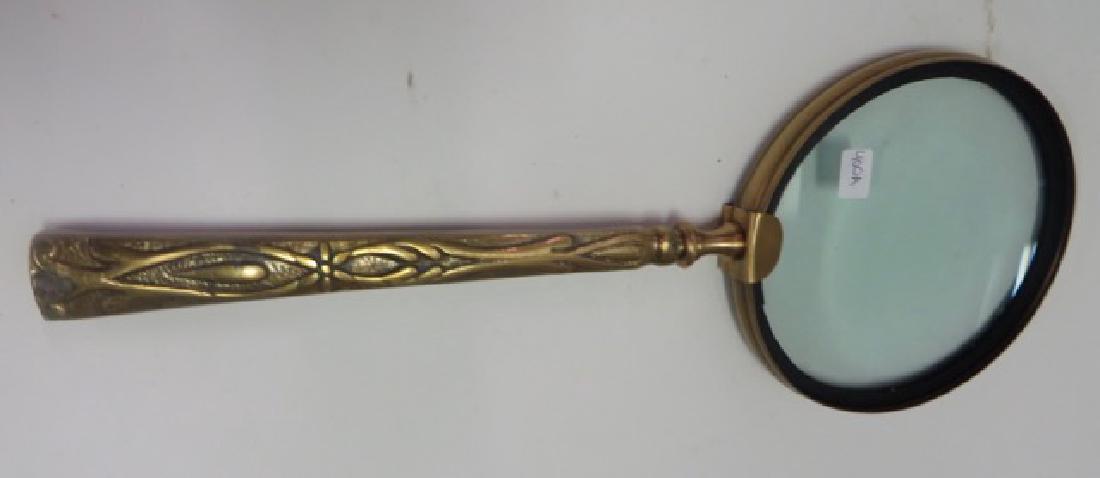 Monumental Magnifying Glass: Heavy magnifying glass with brass and nickel ornate art nouveau/arts and crafts handle 13"L 6" (glass)