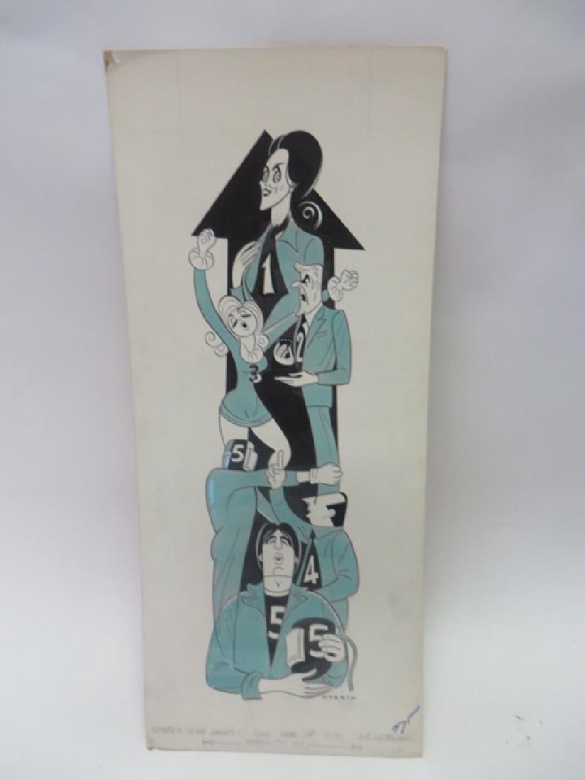Sam Norkin. Pen and Ink Illustration: Original pen and ink illustration. Status Quo Vadis. Sunday 02/18/1973. 27"H x 11.50"W