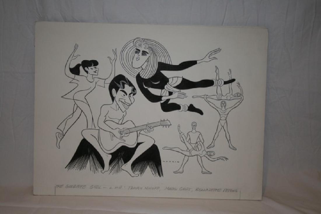 Sam Norkin. Pen and Ink Illustration Sgd: Signed Norkin. The Goodbye Girl. L to R. Tammy Minoff, Martin Short, Bernadette Peters. 15" x 20"