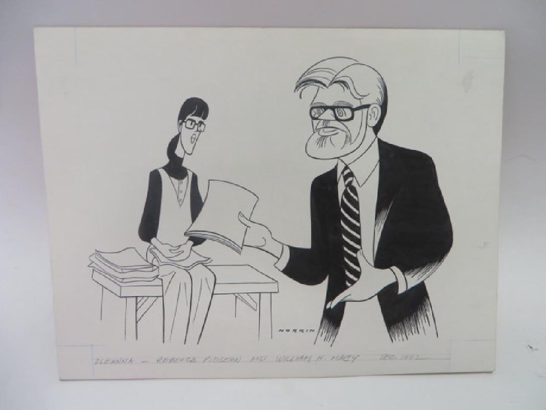 Sam Norkin Illustration. Oleanna . Sgd.: Rebecca Pidgeon and Wiliam H. Macy in Oleanna. Original pen and ink illustration Signed Norkin Dec. 1992 13 x 17