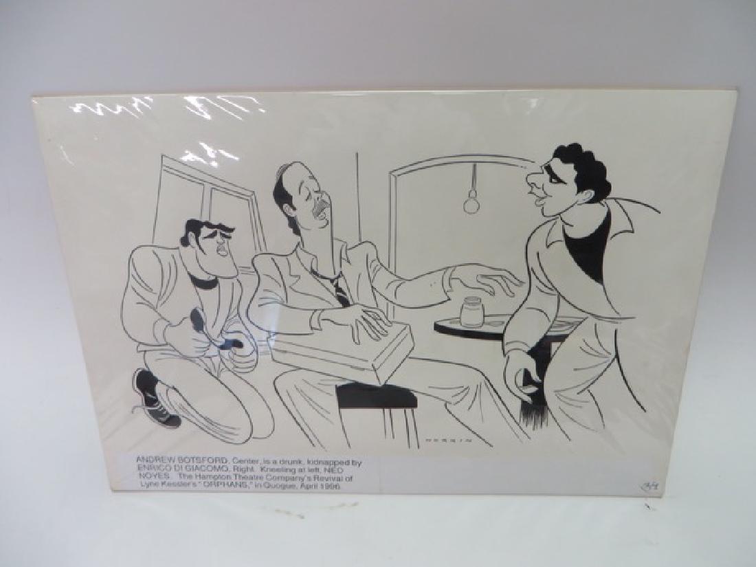 Sam Norkin Pen and Ink. Signed: Andrew Botsford is a drunk, kidnapped by Enrico Di Giacomo. With Ned Noyes. The Hampton Theatre Company's Revival of Lyne Kessler's " Orphans" in Quogue,April 1996. Signed Norkin. 14 x 20