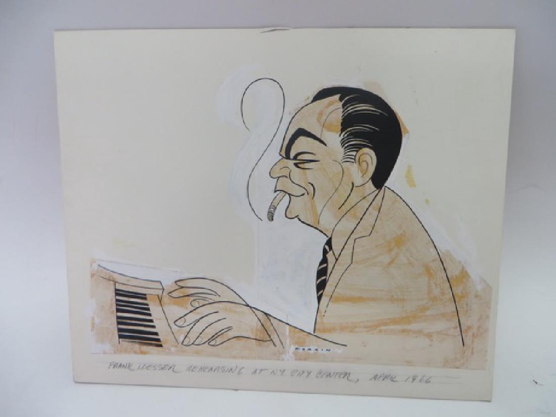 Sam Norkin. Frank Loesser Signed: Original pen and ink, tinted, Frank Loeser rehearsing at NY City Center. April 1966 14 x 17